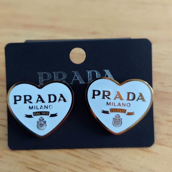 Prada Gold and White Heart Stud Earrings - Picture 1 of 4